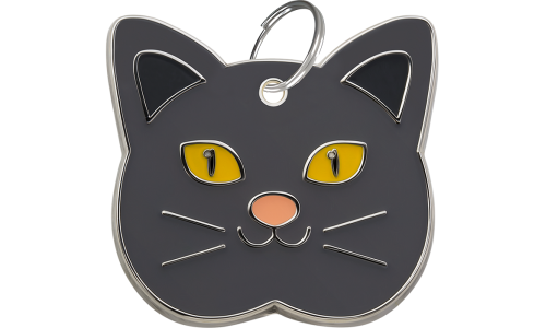 Personlig namnbricka katt formad som en British Shorthair, i lätt zinklegering och utformad som kattnamnbricka.