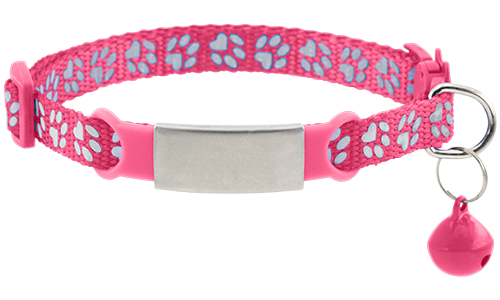 Tassmönstrat rosa breakaway-katthalsband med silverbricka, justerbar passform och graverbar personlig namnbricka katt.