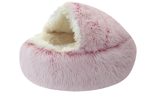 Fluffig rosa toffelsäng med krämfärgad insida, gjord för värme, komfort och stil för katter i alla storlekar.