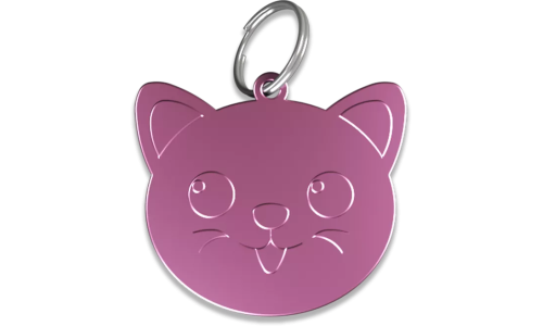 Kattformad rosa namnbricka katt i aluminium med delring, personlig ID-bricka och graverbar med din katts namn.
