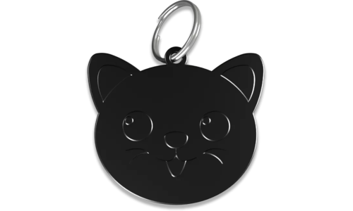 Kattformad svart namnbricka katt i aluminium med delring, personlig ID-bricka och graverbar med din katts namn.