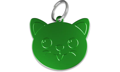 Kattformad grön namnbricka katt i aluminium med delring, personlig ID-bricka och graverbar med din katts namn.
