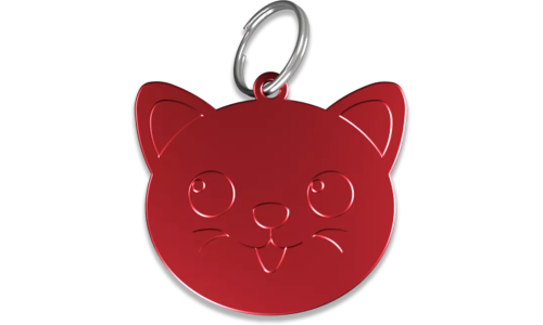 Kattformad röd namnbricka katt i aluminium med delring, personlig ID-bricka och graverbar med din katts namn.