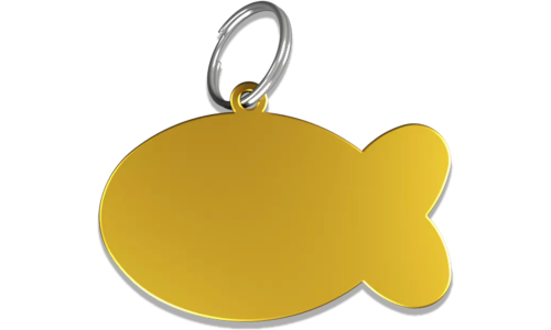 Fiskformad guld namnbricka katt i aluminium med delring, personlig ID-bricka och graverbar med din katts namn.