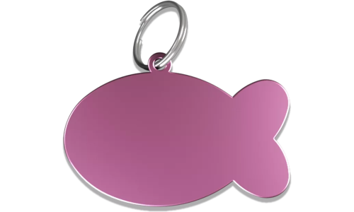 Fiskformad rosa namnbricka katt i aluminium med delring, personlig ID-bricka och graverbar med din katts namn.